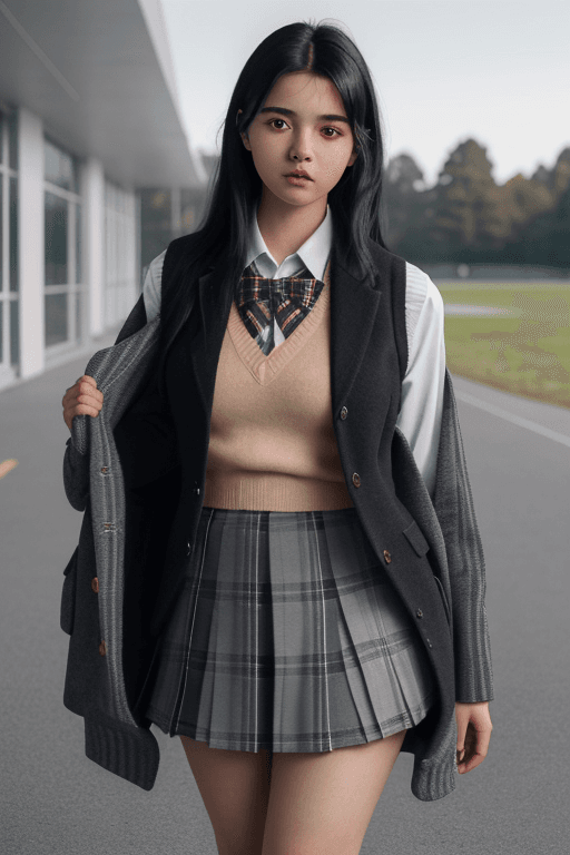 AI generated: (masterpiece, best quality), a cute 18 yo girl wearing a school uniform with vest sweater, coat and ...