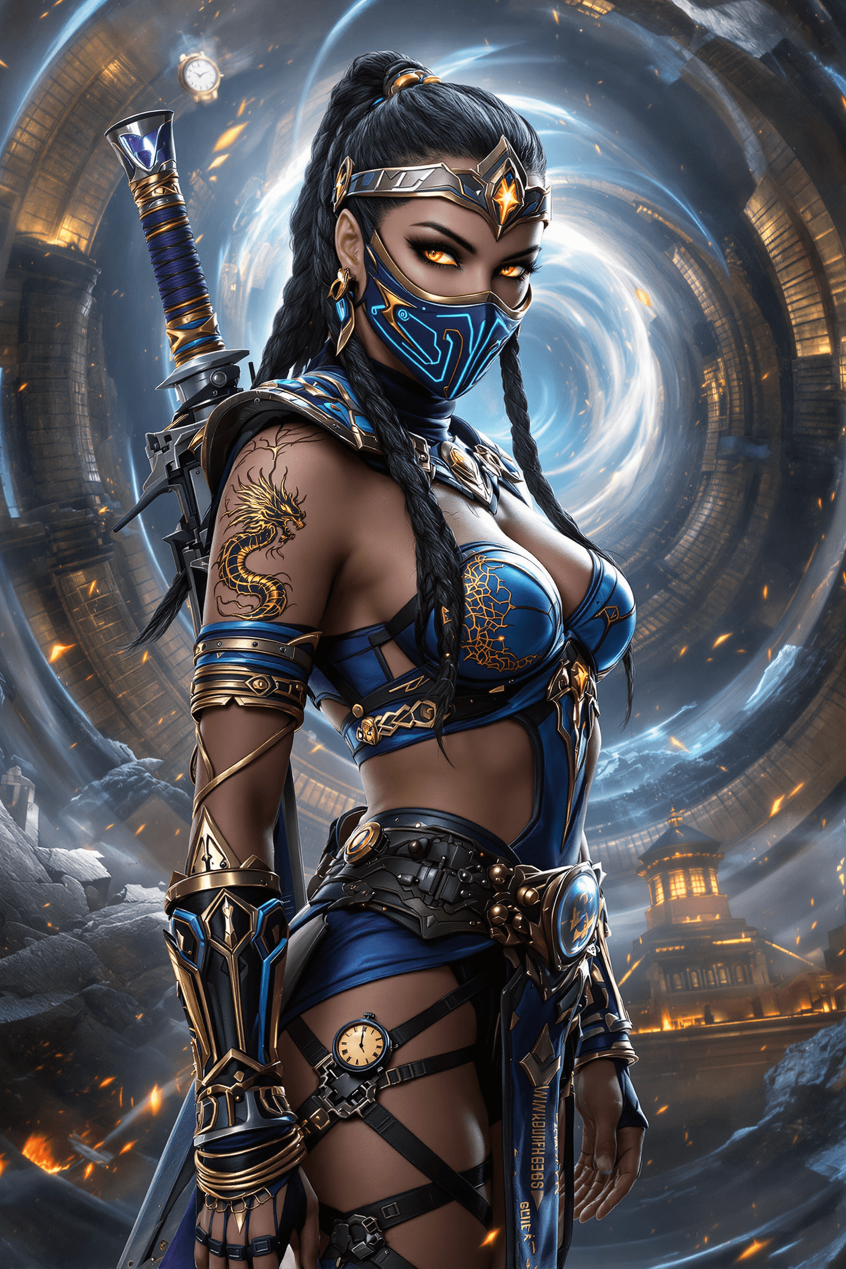 AI generated: An ultra-realistic, full-body portrait of Kitana from Mortal Kombat as a time-traveling warrior, wea...