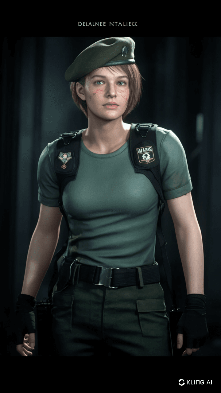 AI generated: Resident Evil Remake videójáték Jill Valentine karakter magabiztosan áll, zöld taktikai ruhát visel,...