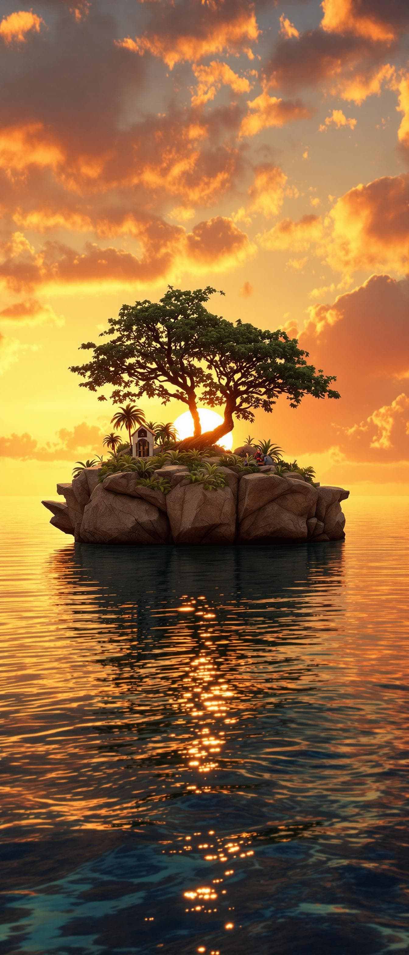 AI generated: a professional photo of a tiny tropical island (masterpiece), (realistic), with palm tree and a sing...