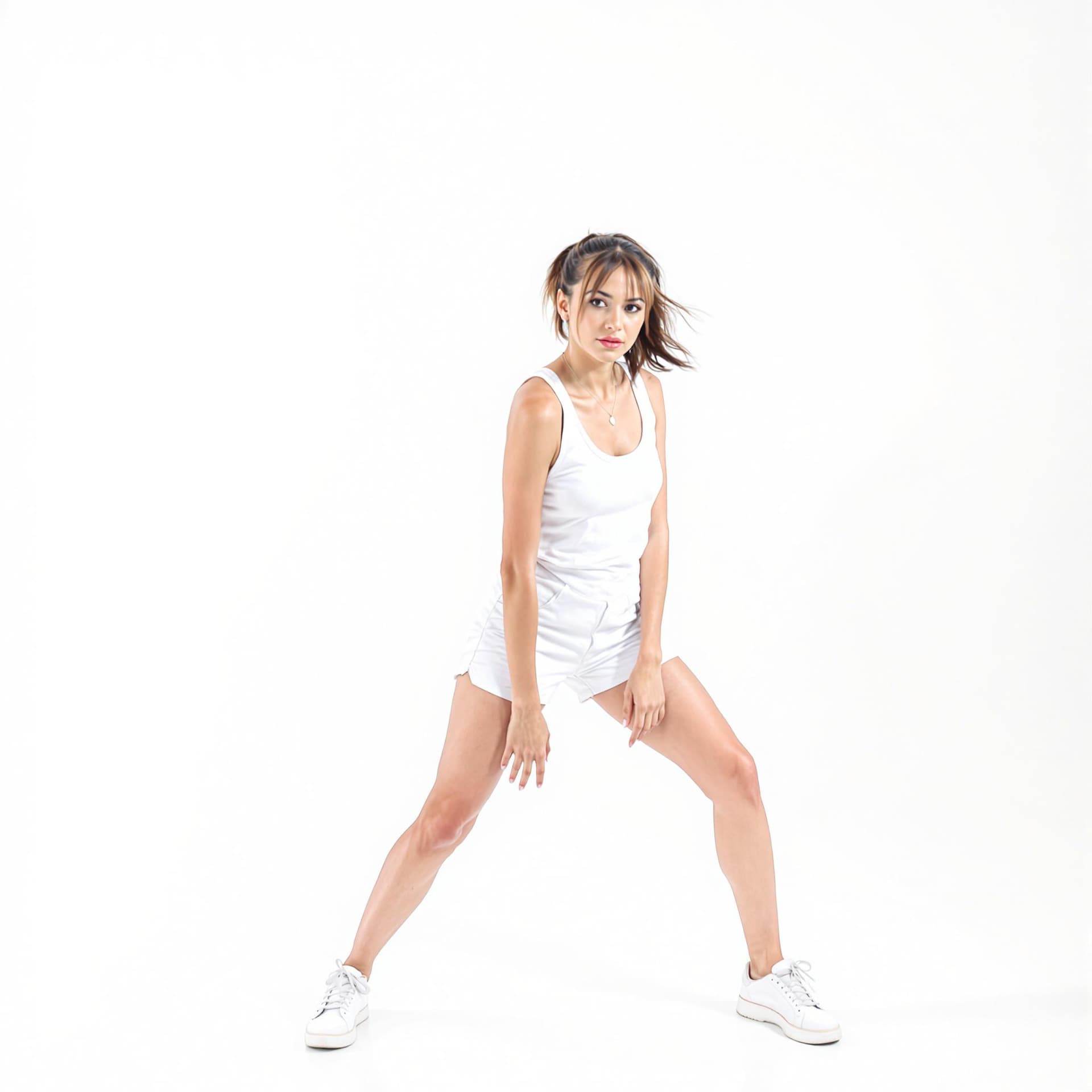 AI generated: a woman is striking a pose in a stark white backdrop. She is wearing a pair of white shorts, a white...