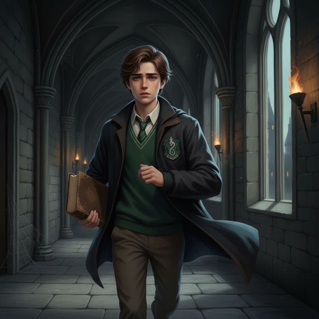 AI generated: slytherin boy with a hauntingly sad expressive and a book in his hand, brown hair, 12 years old,  ru...