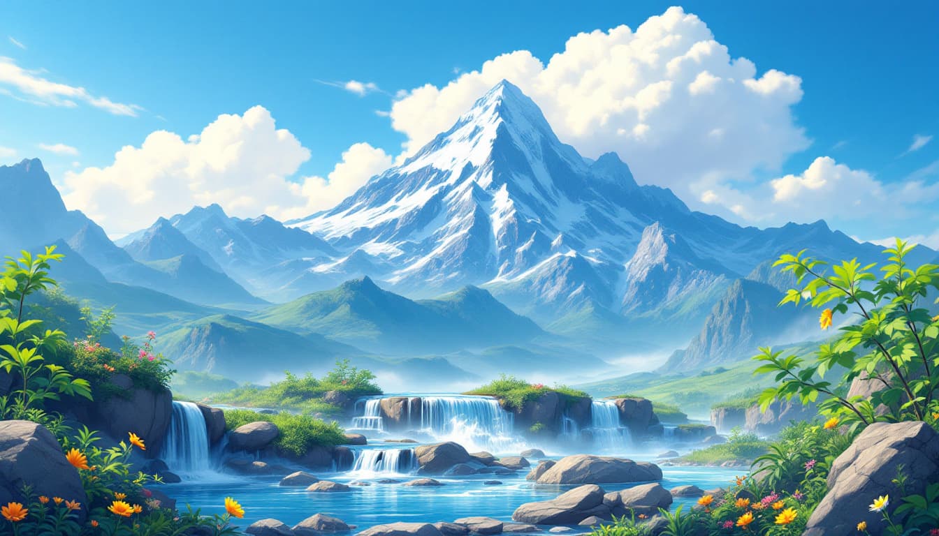 AI generated: A distant mountain peak in the mountains with green plants and flowers dotting its base, under a blu...