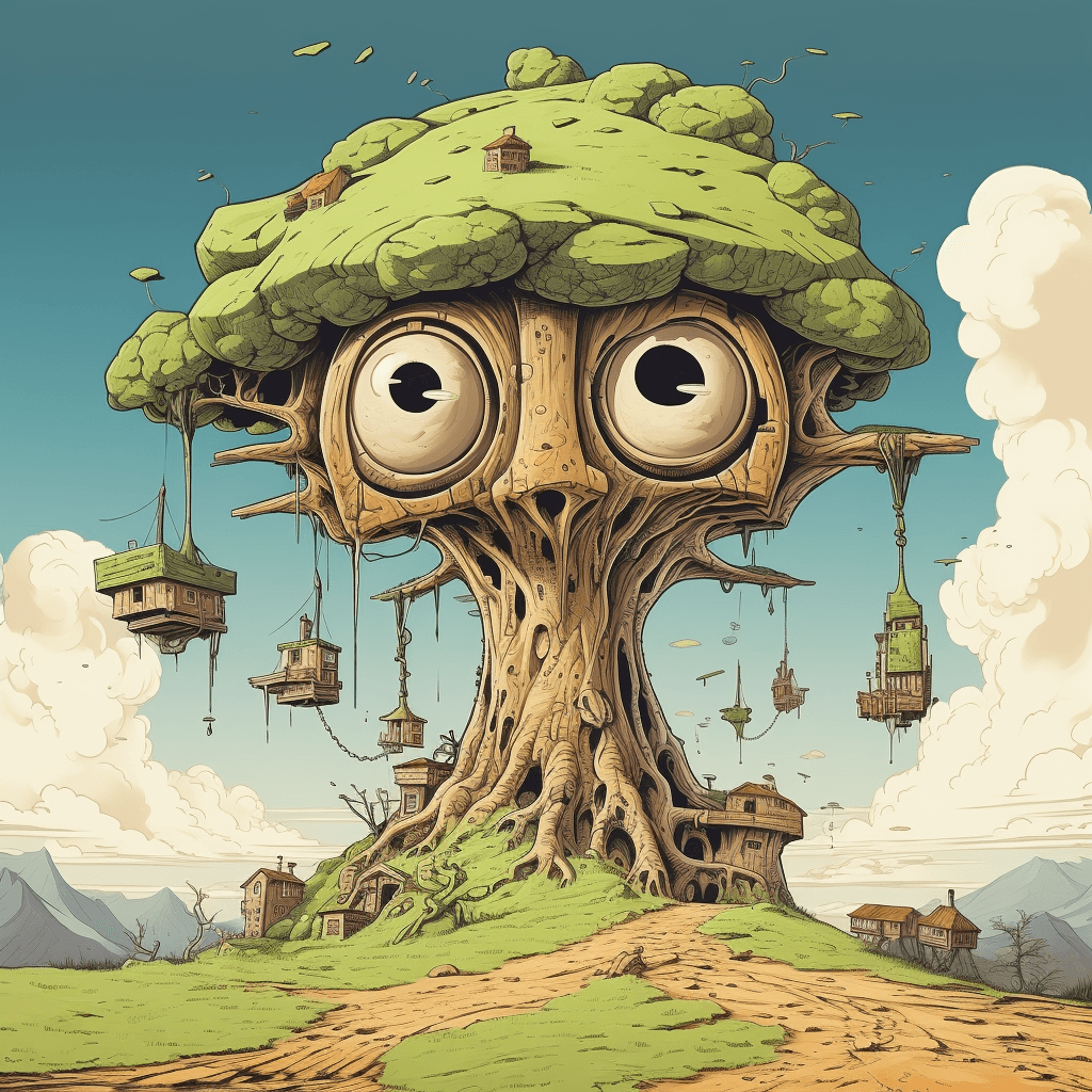 AI generated: cartoon of a funny fir tree with eyes, emphasis in facial expression, character caricatures, moss in...