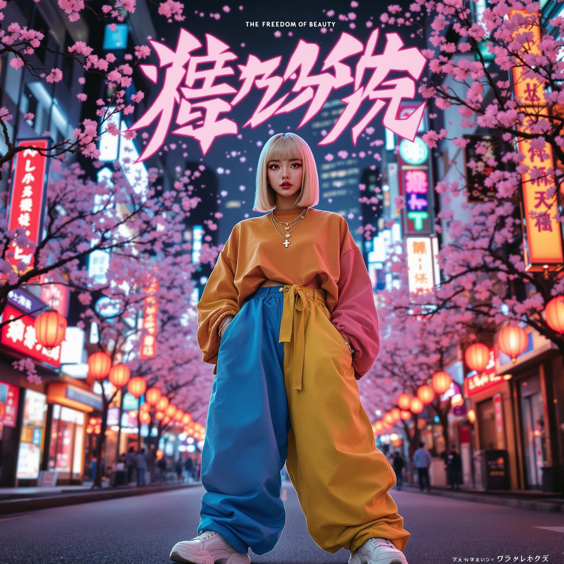 AI generated: A bold Japanese hyperrealistic advertising poster features a stunning Asian model with sleek, blonde...
