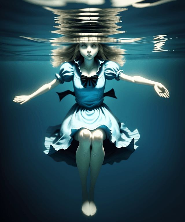 AI generated: alice  floating horizontallyunder water.
realistic and not creepy
 and we can see her full body, one...