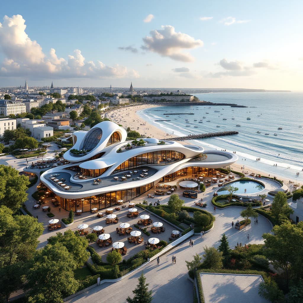 AI generated:  Bird's eye View of  modern Cafe comes restaurant with 3 built structure connected with some paris A...