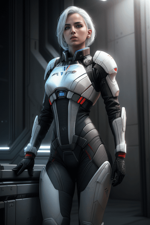 AI generated: (1girl, full body), (sci-fi action scene), Beautiful,(wearing Mass Effect armor), (white hair), (sma...