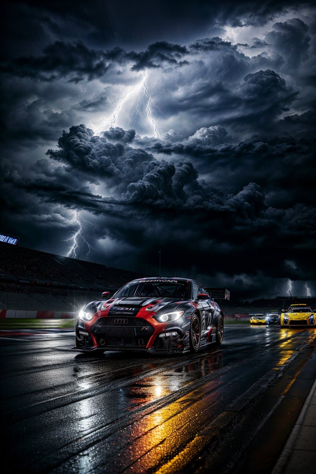 AI generated: Realistic images of cars on a race track in stormy weather with lightning in the background, ultra s...