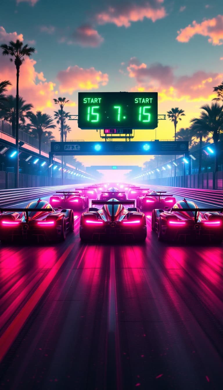 AI generated: Summer. The cars are lined up in front of the starting line. The start sounds, and the green light t...