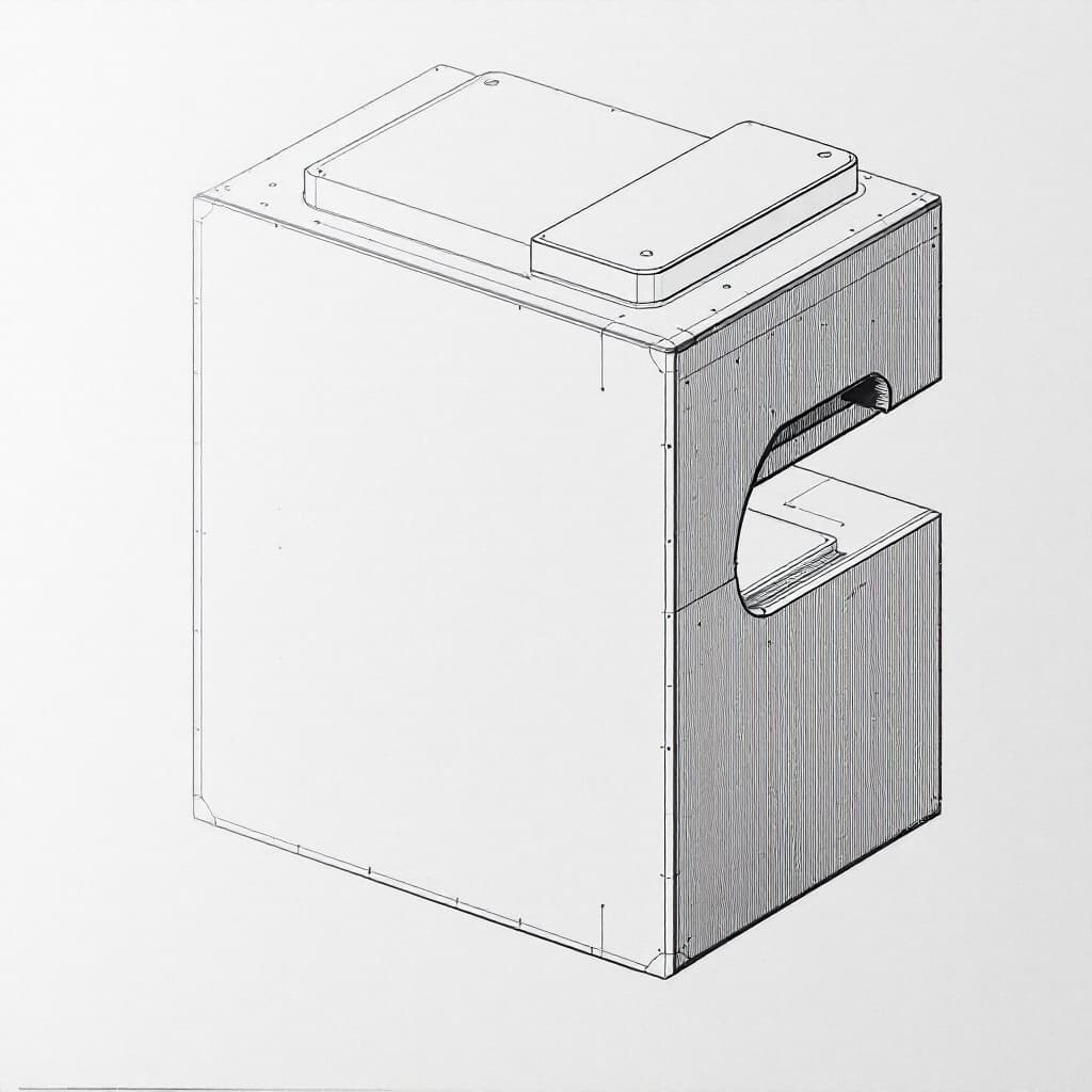 AI generated: A drawing of a rectangular lid with curved edges a flat bottom that extends out side view
