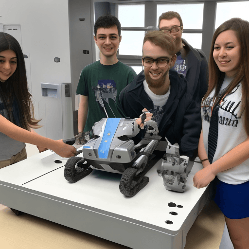 AI generated: students with robot bobcat in an artificial intelligence lab,