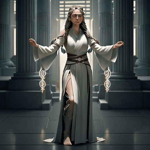AI generated: A powerful and elegant Female Jedi standing confidently in the midst of the Jedi Temple, her robes f...