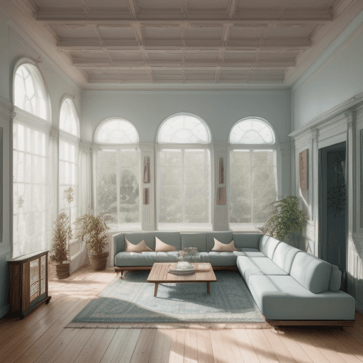 AI generated: High resolution photography interior design, dreamy sunken living room conversation pit, wooden floo...