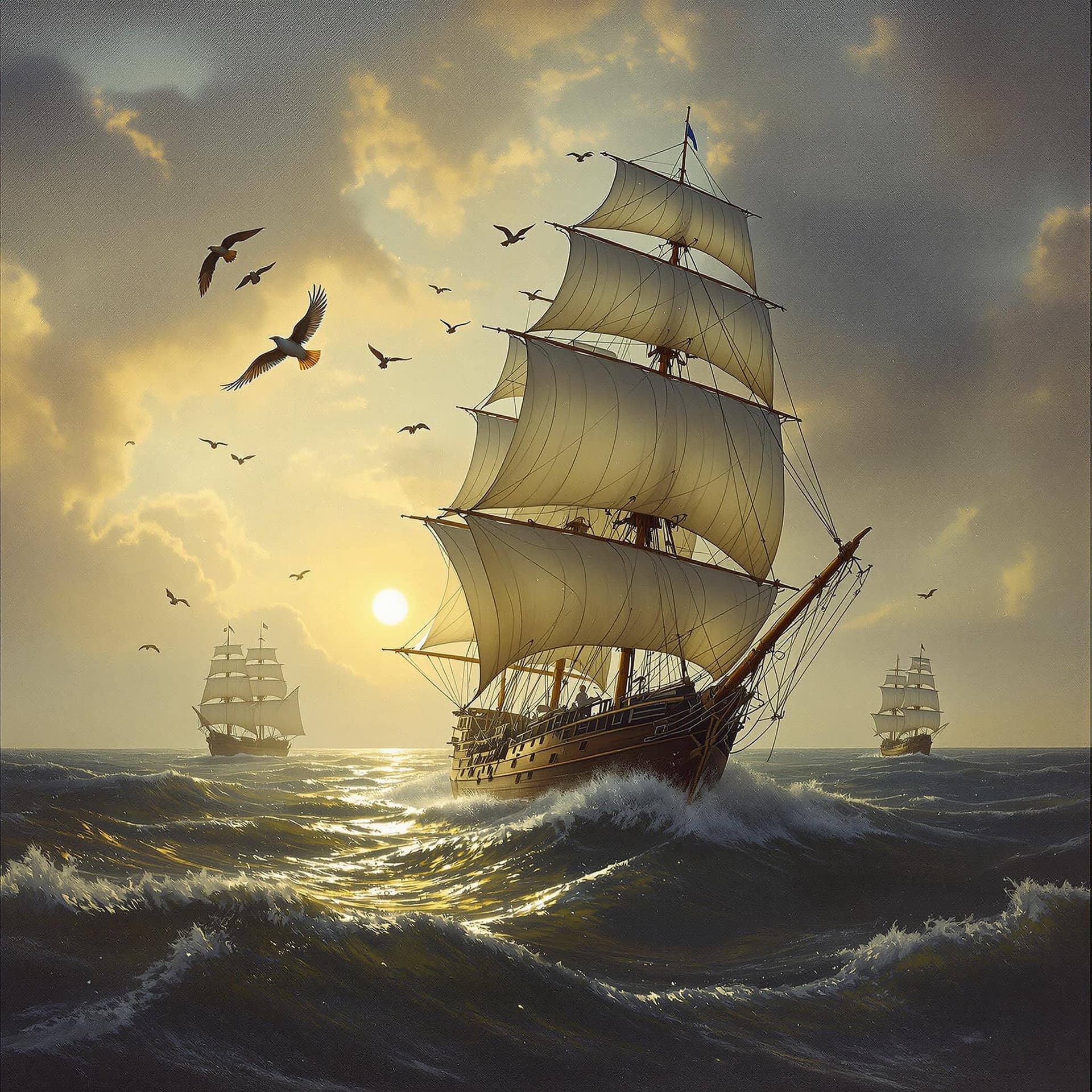 AI generated: Oil painting of an ultra-realistic schooner, dramatic light, pale sunrise, windy, rough seas, exotic...