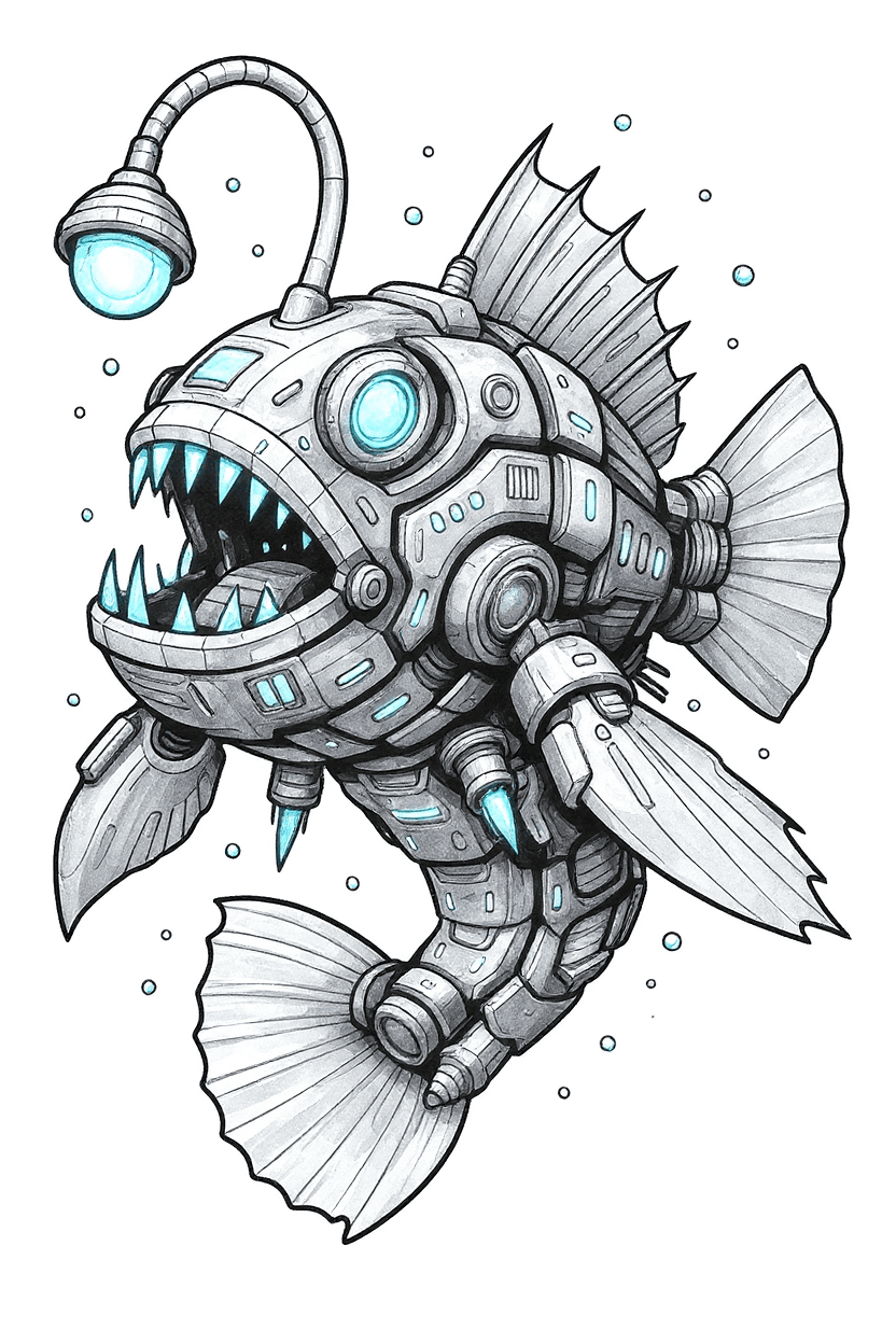 AI generated: coloring page for adults, a Anglerfish reimagined as a futuristic deep-sea exploration mecha, intric...