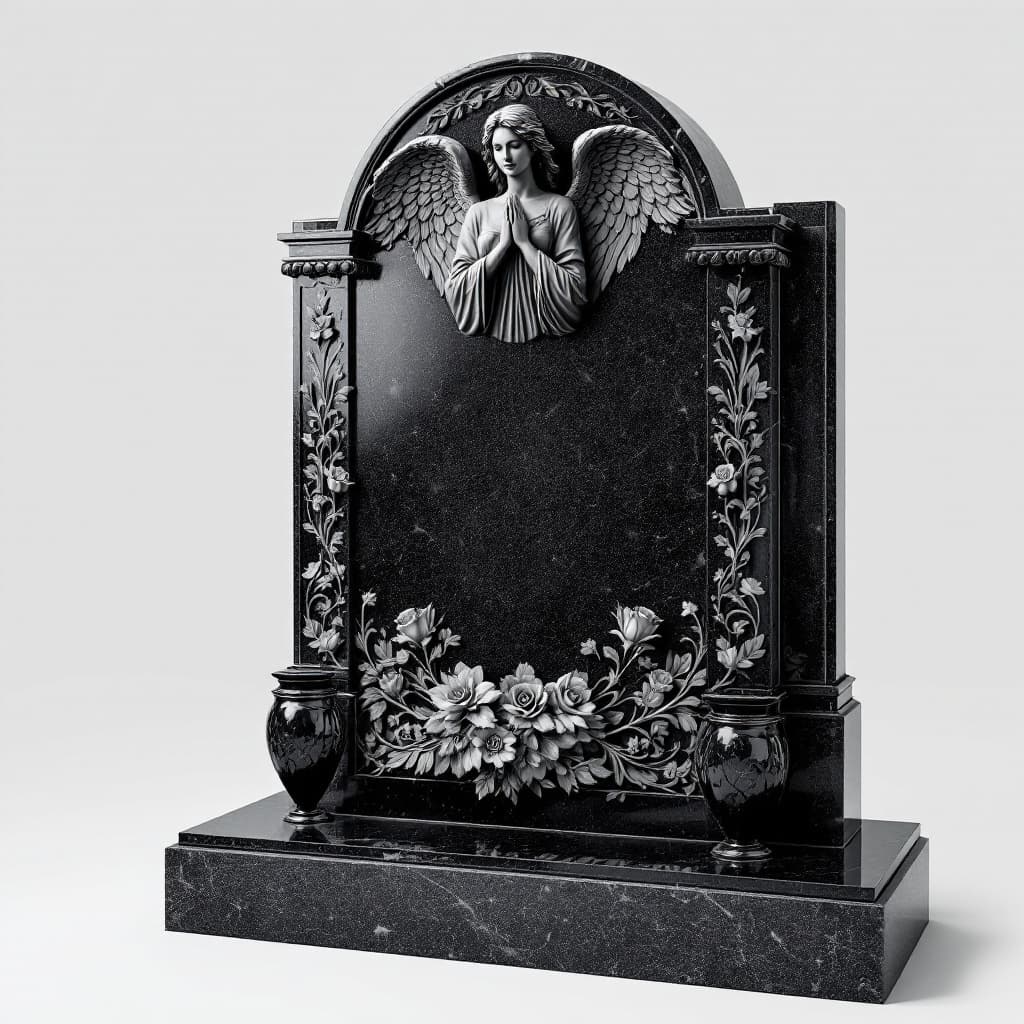 AI generated: Granite memorial monument with achievable sculptural elements, polished black or dark gray granite w...
