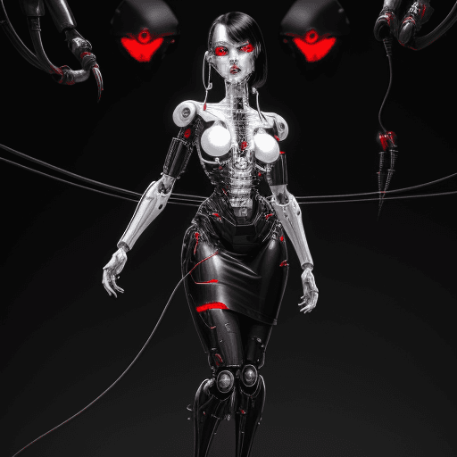 AI generated: full body of cyborg lady, cybernetic jaw, mechanical parts, white shirt, unbottoned, black latex ski...