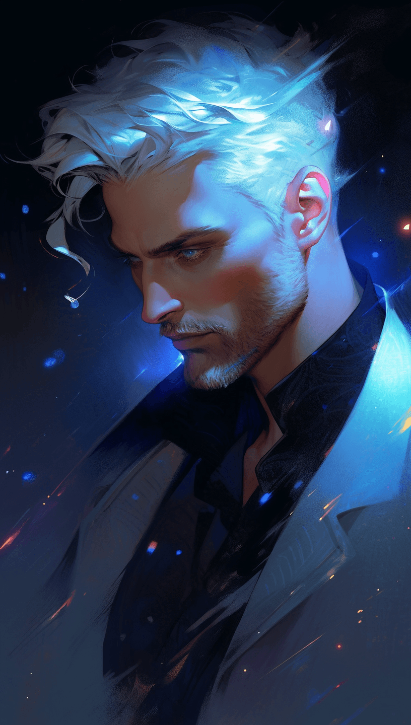 AI generated: An illustration of a mysterious man with silver hair, in the style of Papier-Collé, Thomas Ascott, a...
