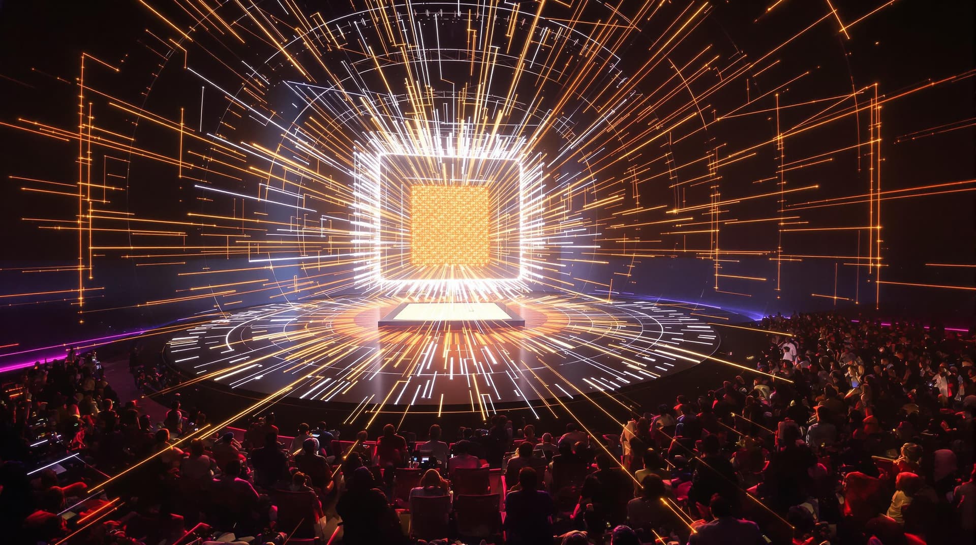 AI generated: /imagine prompt: Tech giant unveiling quantum processor in holographic theater, diverse engineers de...
