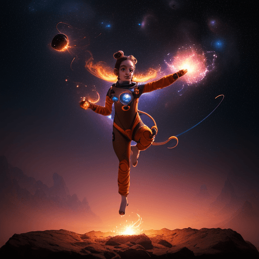 AI generated: ultra realistic beautiful and cute female anthropomorphic space monkey flow artist juggling fire Poi...