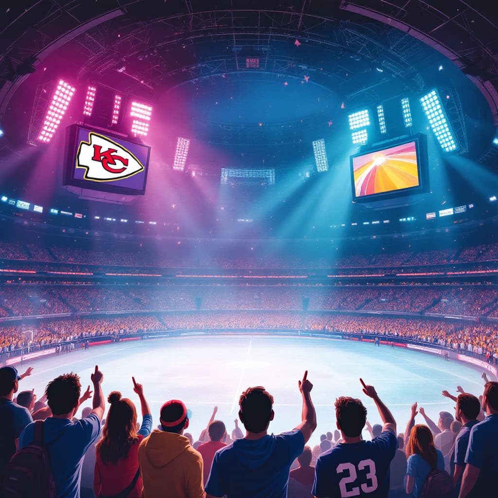 AI generated: a superbowl match match with fans attending the game. Let their be people cheering up their teams  r...