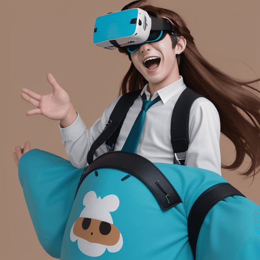 AI generated: joyful boy anime character taking off Virtual Reality headset with very long brown hair with cyan ba...