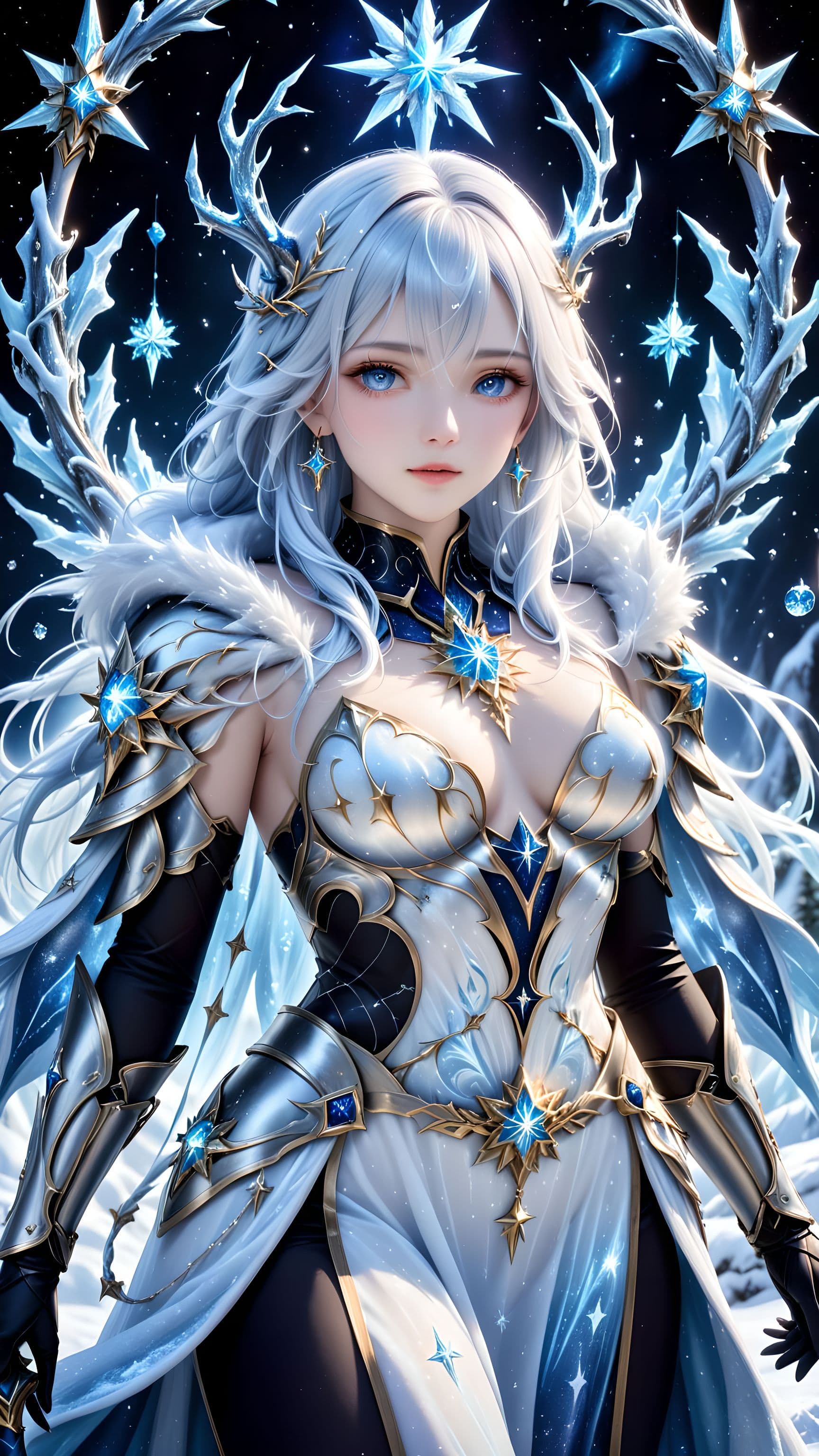 AI generated: Frostborn Nova, the embodiment of celestial frost, encased in ice-forged ceremonial armor sculpted w...
