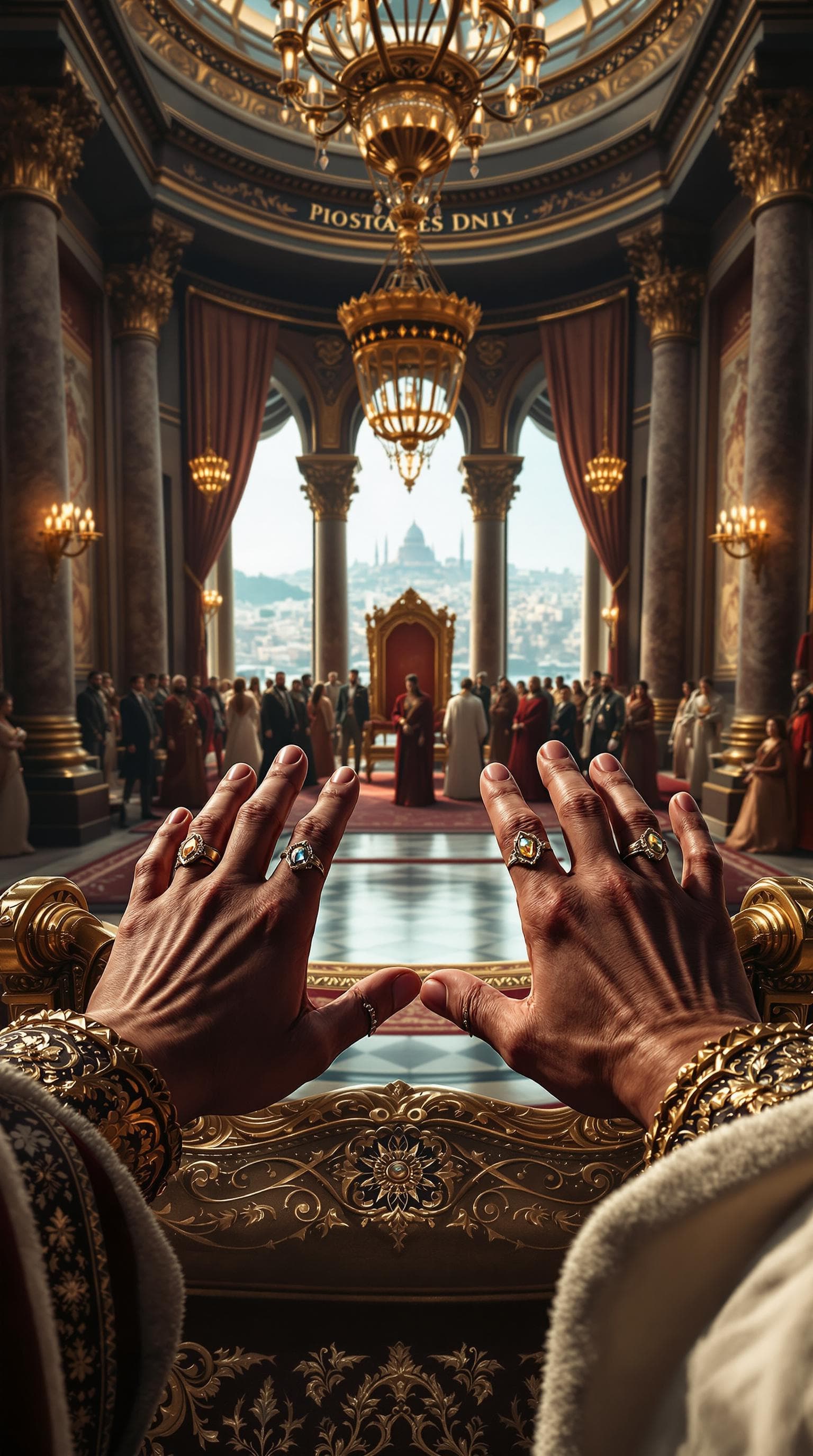 AI generated: First person POV, the Sultan’s hands rest on the ornate golden armrests of the imperial throne, ador...