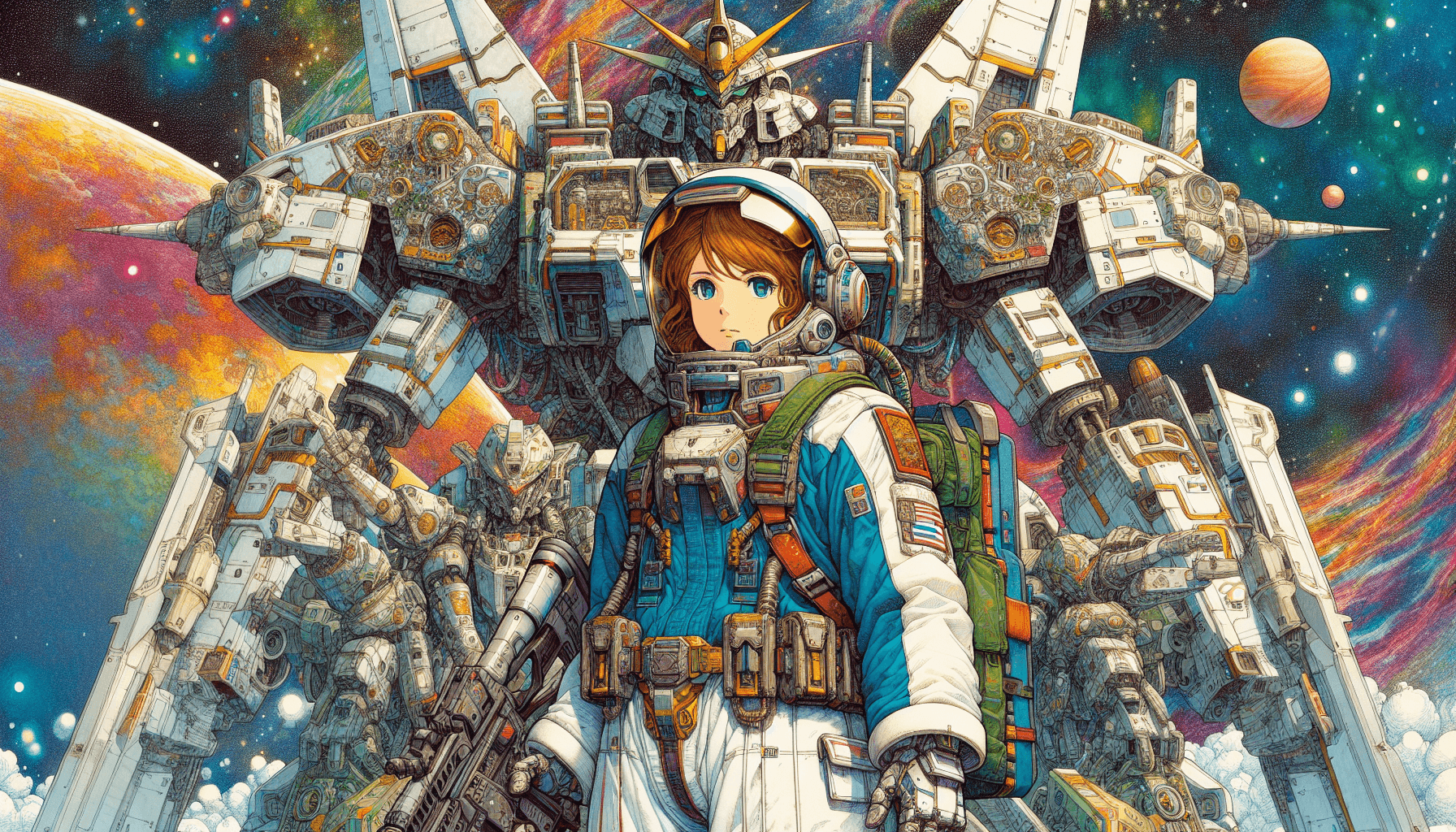 AI generated: full length portrait armored astronaut girl, comic book style battlemech behind, highly detailed exq...