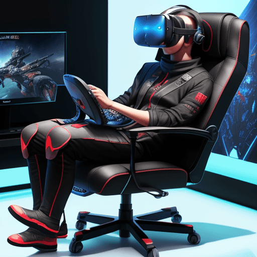 AI generated: human indonesia gamer sitting on virtual reality chair device plugged into a whole of gaming console...