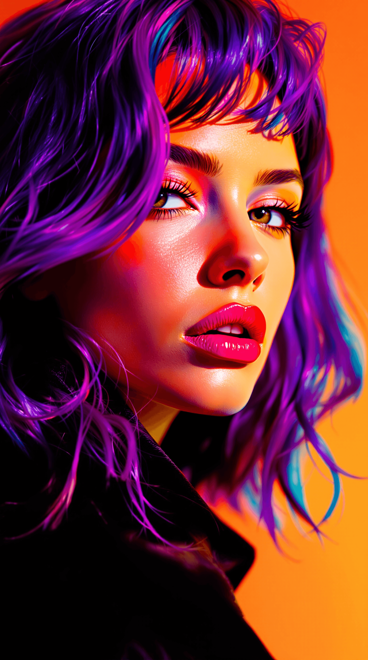 AI generated: portrait of a woman with vibrant purple hair, in the style of Andy Warhol and Richard Avedon, combin...