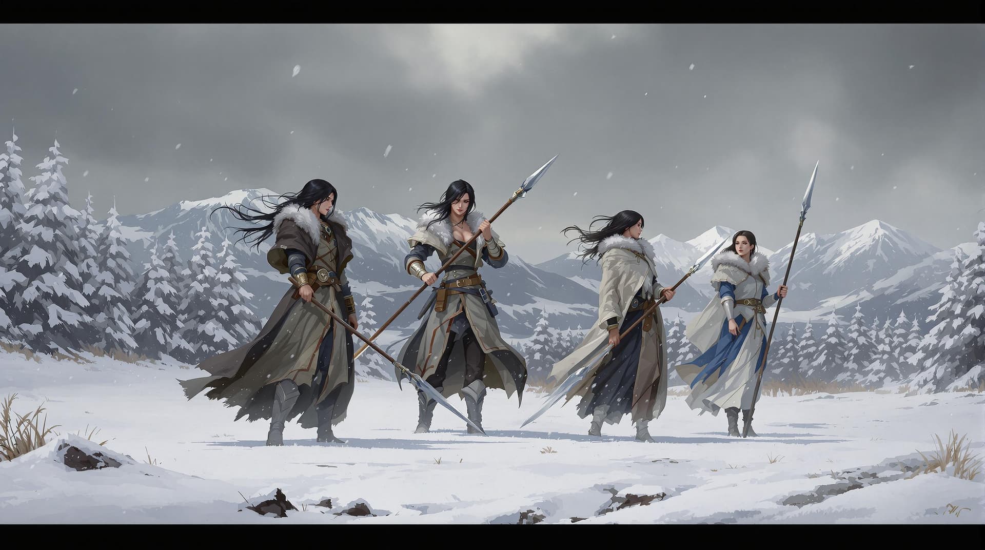 AI generated: a wide-angle, fantasy-themed painting of four female warriors in a snowy landscape. The four warrior...