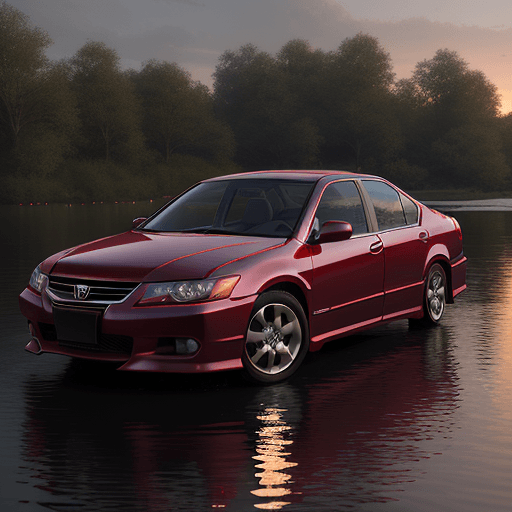 AI generated: A red honda accord 2 0 0 0 7 year old honda accord parked on a riverbank, on a beautiful waterfront,...