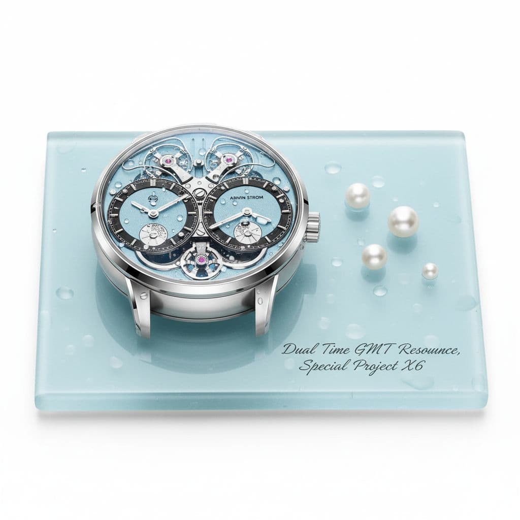 AI generated: die uhr (Gehäuse und Uhrwerk) swparat von Armband, liegt auf einer hellblauen leicht feuchten eckige...