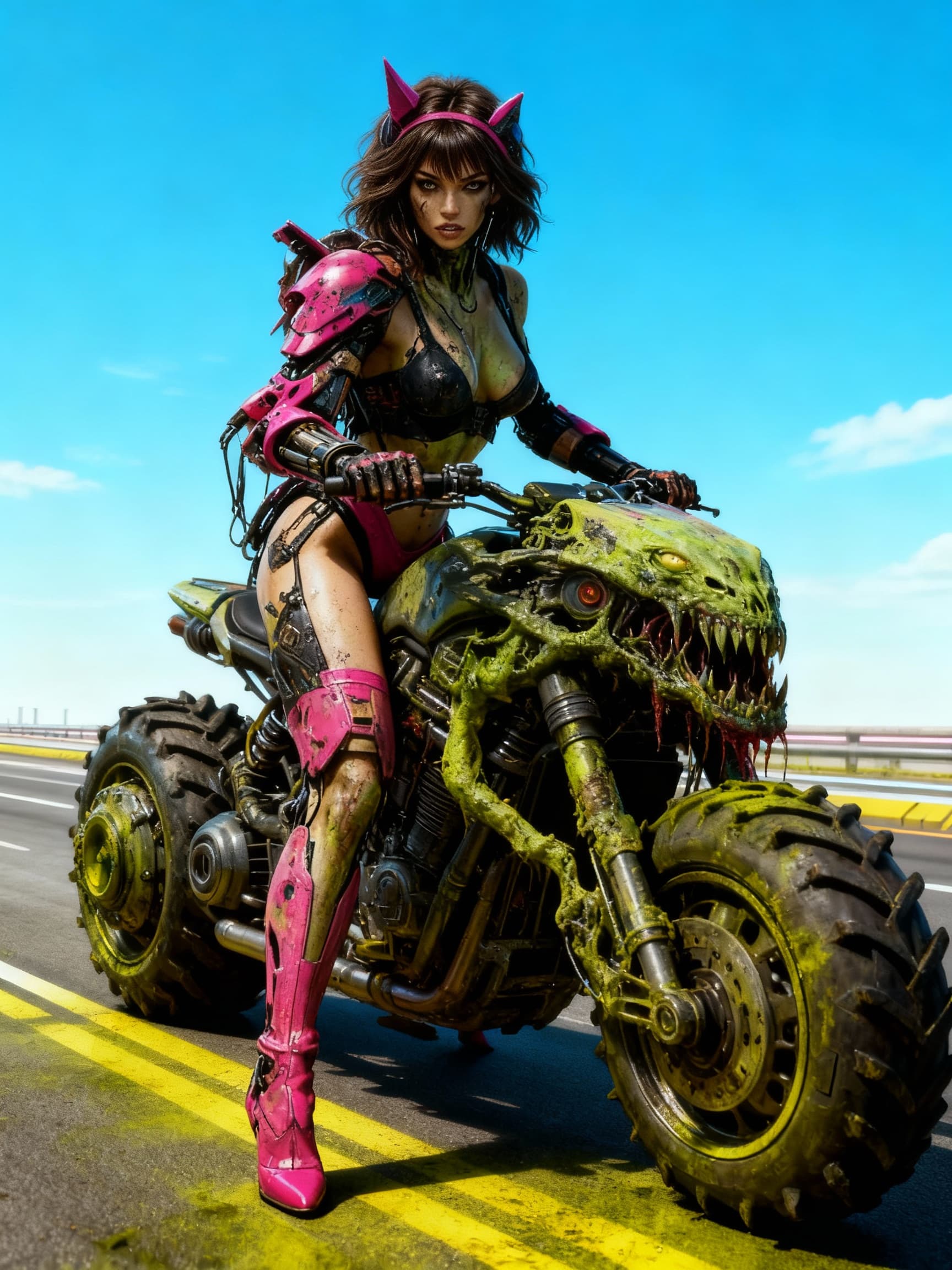 AI generated: cyberpunk female riding futuristic huge monster moto bike,green yellow film filter  road,clear blue ...