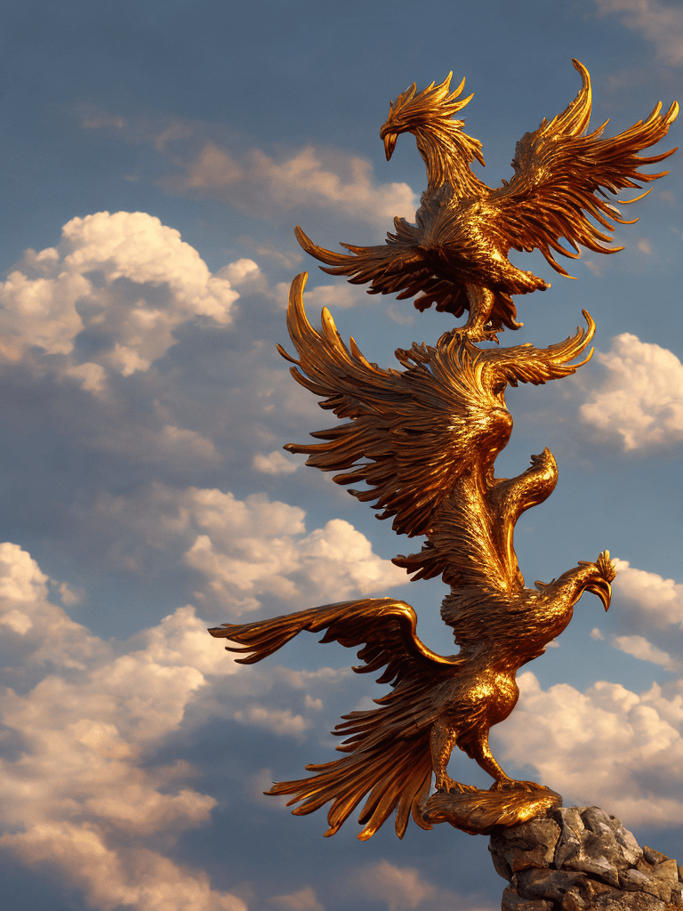 AI generated: A majestic phoenix with vibrant plumage, its fiery wings spread wide, golden feathers illuminating a...