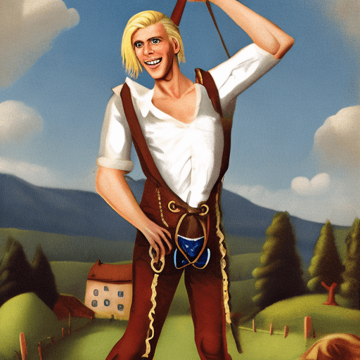 AI generated: full body image of a skinny blonde young man in a Bavarian costume, lederhosen with flap open, hard ...