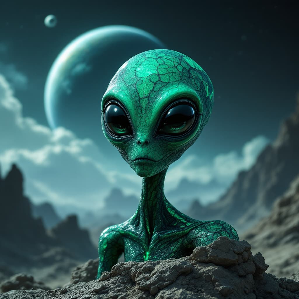 AI generated: an alien made of Velvet Malachite::2 big shiny black eyes, soulful eyes::planet in the background