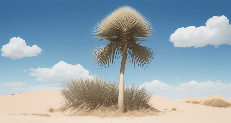 AI generated: 
hyperrealistic photo of a big yucca, in dunes, blue sky, few clouds