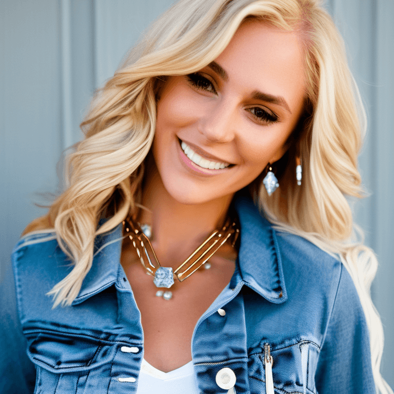 AI generated: medium close-up, young adult female, bright demeanor, long blonde waves, denim jacket, tailored fit,...