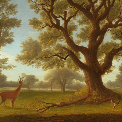 AI generated: A leafy oak on the left and a charm with autumnal colors on the right whose size would be slightly s...