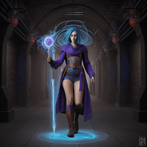 AI generated: izzet female human mage, full body, staff in hand:: tall man, wild blue hair, wearing a robe, cowl, ...