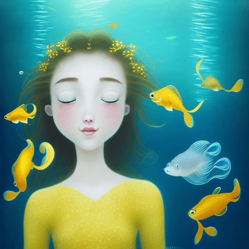 AI generated: "In a serene underwater world, capture the enchanting moment as a girl opens her eyes, surrounded by...