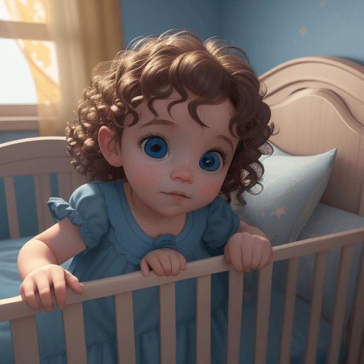 AI generated: A still from a 3d Disney movie of a very cute little baby with short light brown curly wavy hair at ...