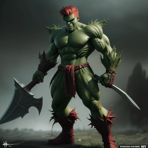 AI generated: fantasy green goblin,with red hair crest,very muscular,with an axe, photorealistic , octane render, ...