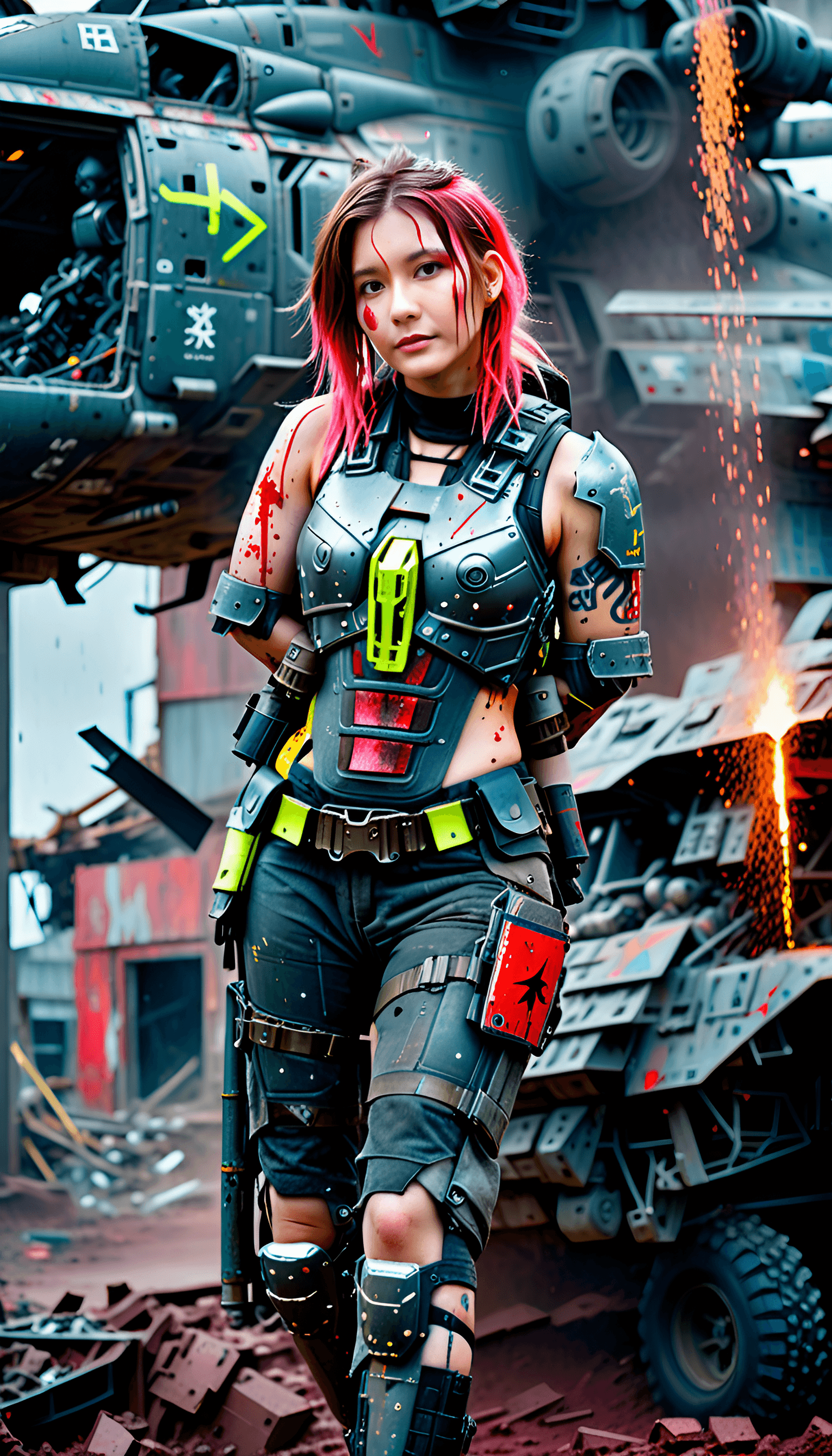 AI generated: Postapocalyptic combat scene with a Beautiful hyperrealistic photograph of cute Young Swedish woman ...