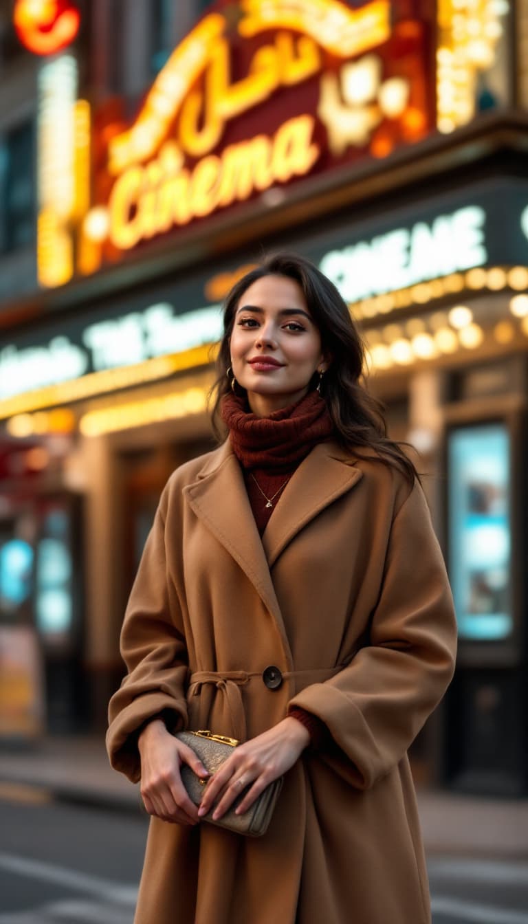 AI generated: Elevated shot, A woman in a traditional yet modernized long coat, standing in front of a vintage cin...