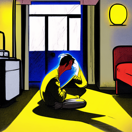 AI generated: A man sitting on the floor of a US roadside motel. The man is desperate with his hands on his head. ...