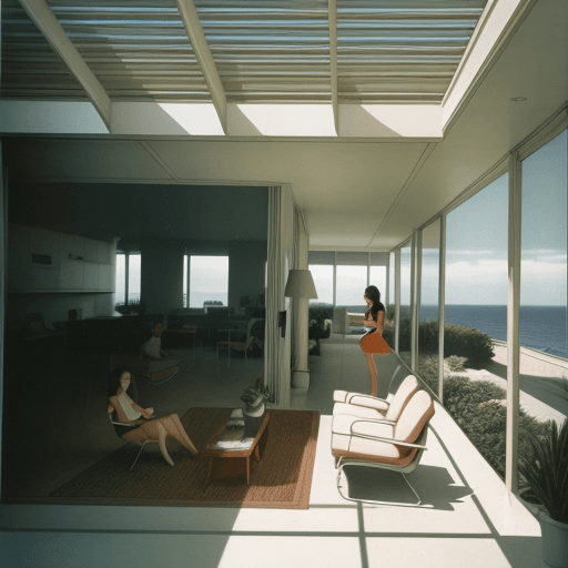 AI generated: 25 year old woman enjoying the sunyper realistic eye level exterior photo of a mid century modern st...